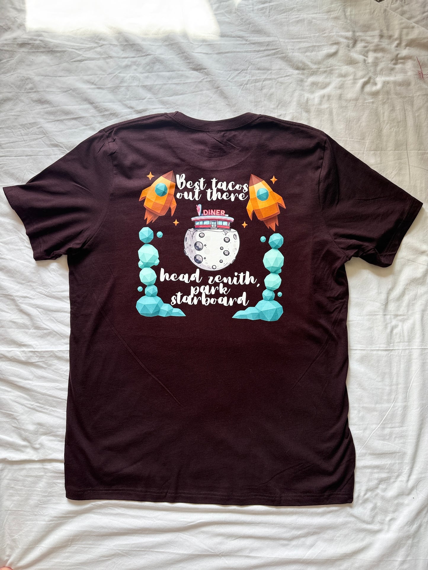 Adult Moon Diner Shirt "Best Tacos Out There" | Sailing Llamas Space Tee | Funny Astronomy Graphic Shirt | Oxblood Black Bella Canvas 3001