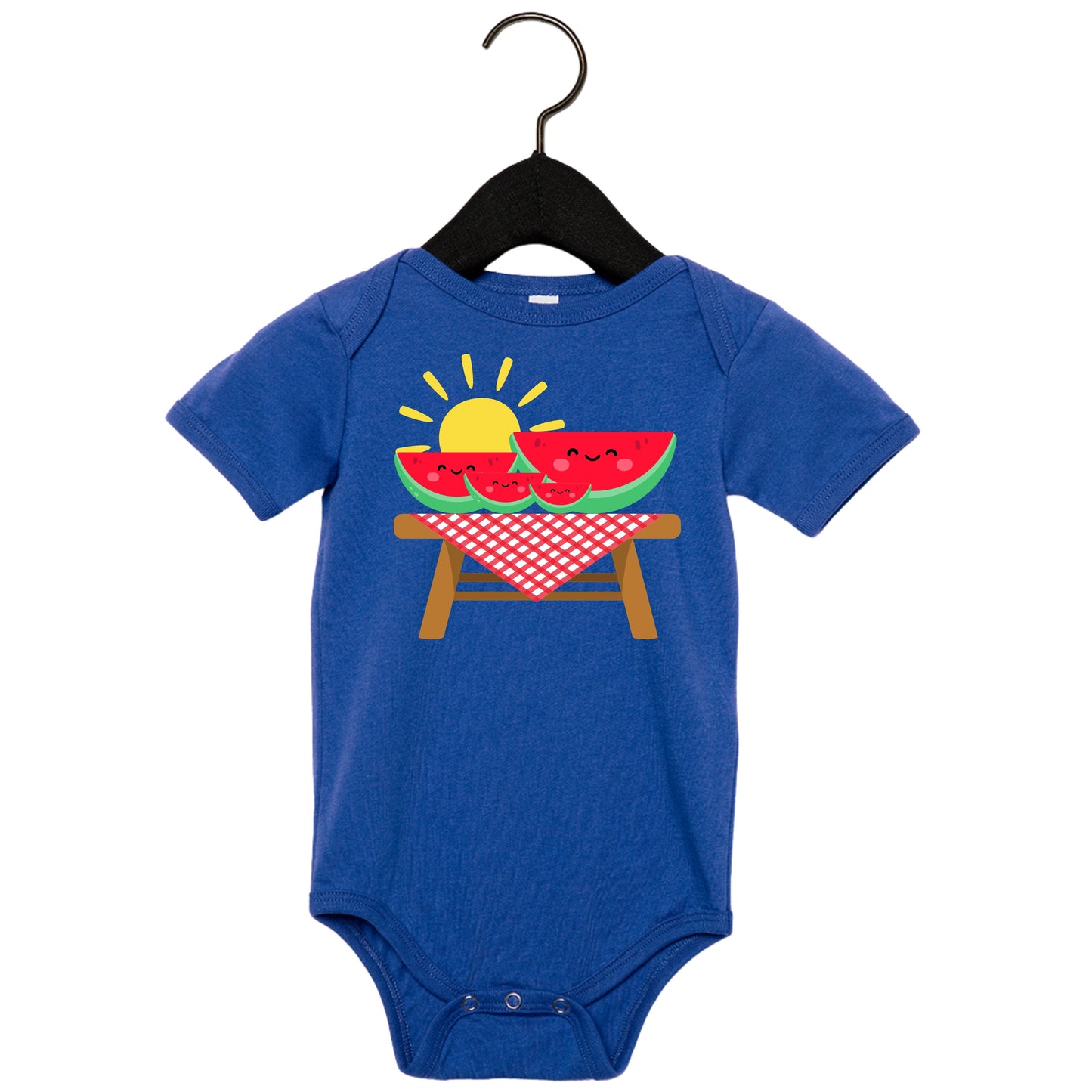 Blue baby onesie with watermelon design on a hanger against a white background