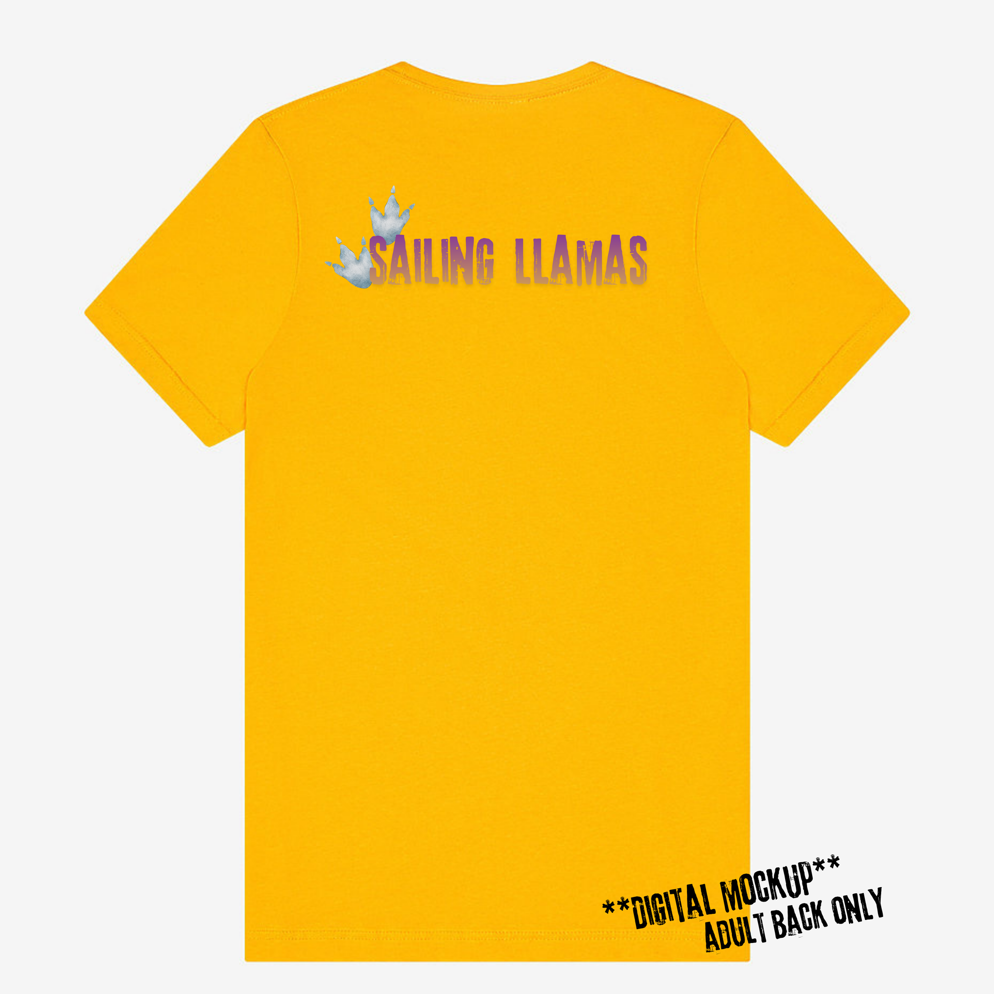A bright yellow short-sleeve t-shirt shown from the back, featuring a graphic of two blue-and-white llamas with the text 'SAILING LLAMAS' in a purple-to-blue gradient. A black diagonal text overlay in the bottom right corner reads '**DIGITAL MOCKUP** ADULT BACK ONLY'.