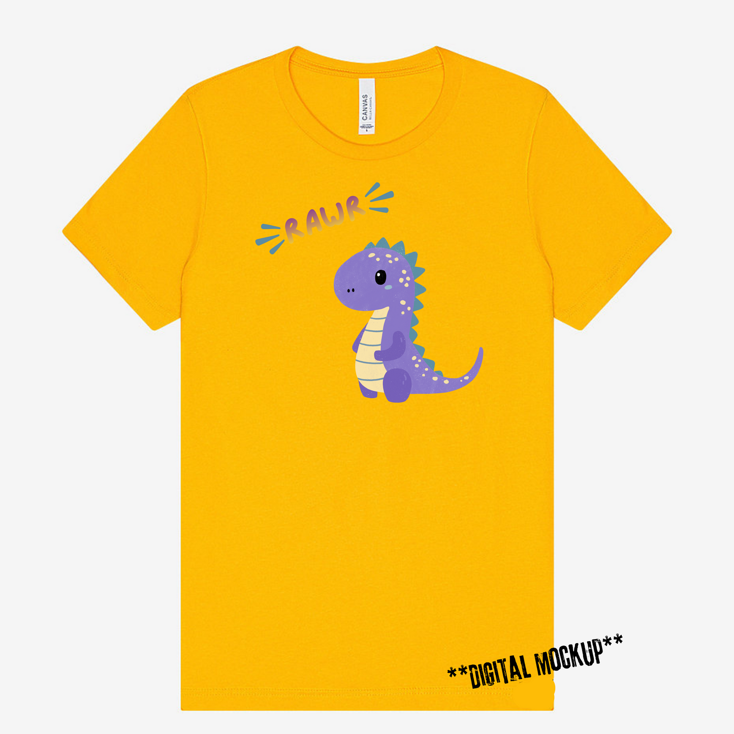A bright yellow short-sleeve t-shirt with a cartoon purple dinosaur graphic on the front, accompanied by the text 'RAWR' in a colorful, playful font. The shirt is displayed flat against a light gray background with a digital mockup label in the bottom right corner.