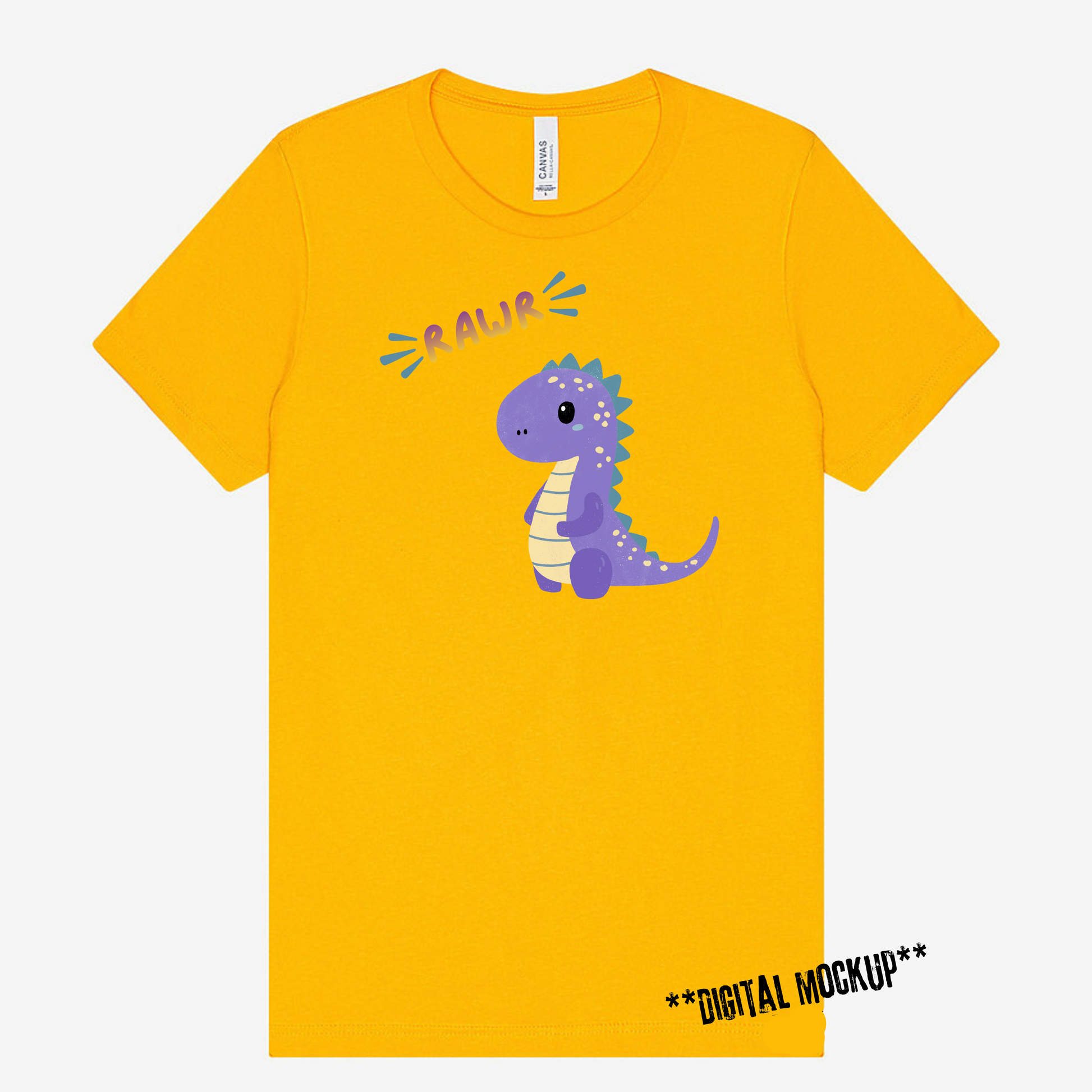 A bright yellow short-sleeve t-shirt with a cartoon purple dinosaur graphic on the front, accompanied by the text 'RAWR' in a colorful, playful font. The shirt is displayed flat against a light gray background with a digital mockup label in the bottom right corner.