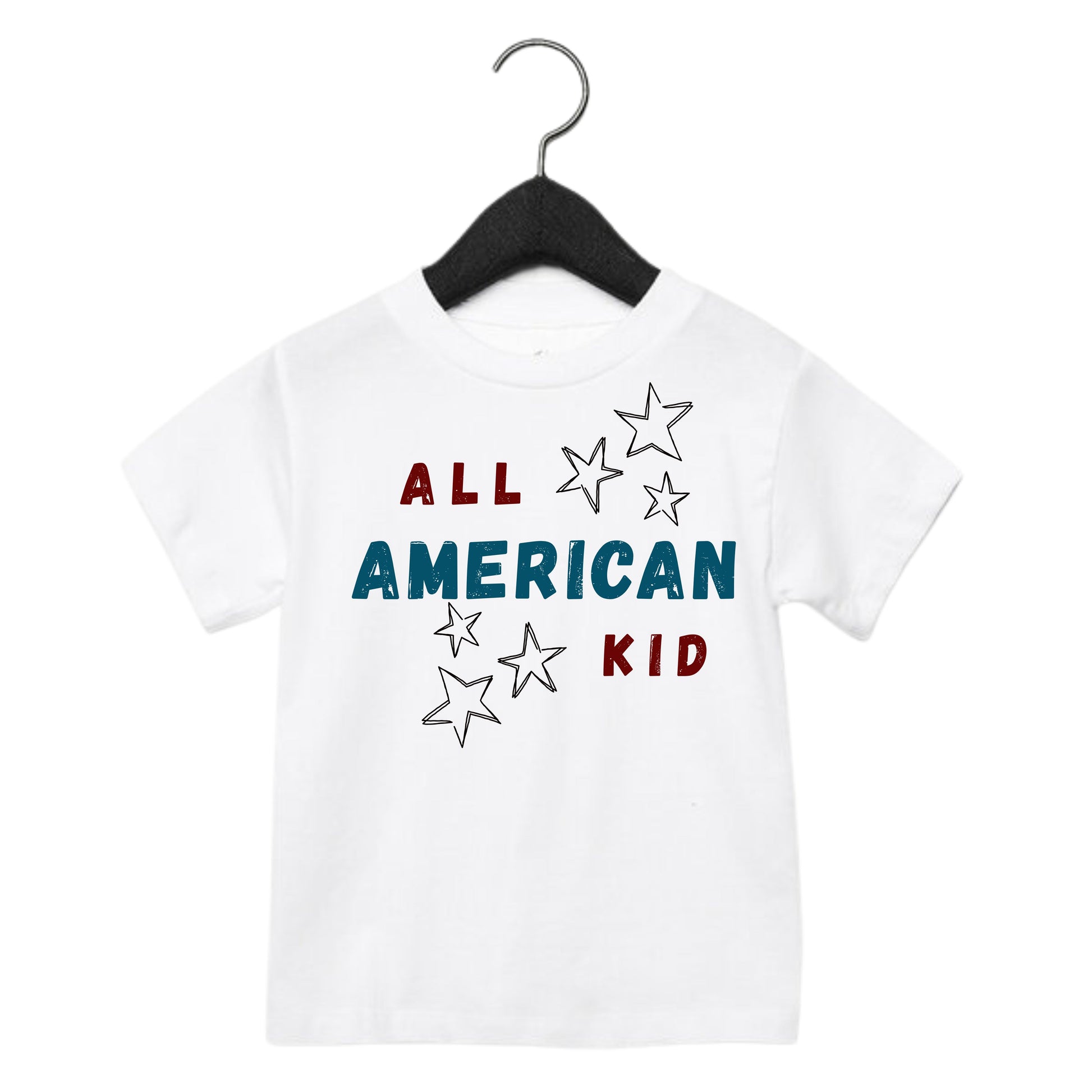 White t-shirt with 'All American Kid' text and stars on a hanger against a white background