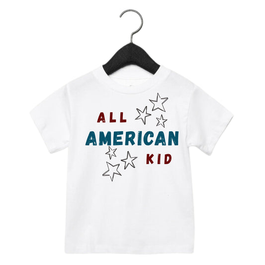White t-shirt with 'All American Kid' text and stars on a hanger against a white background