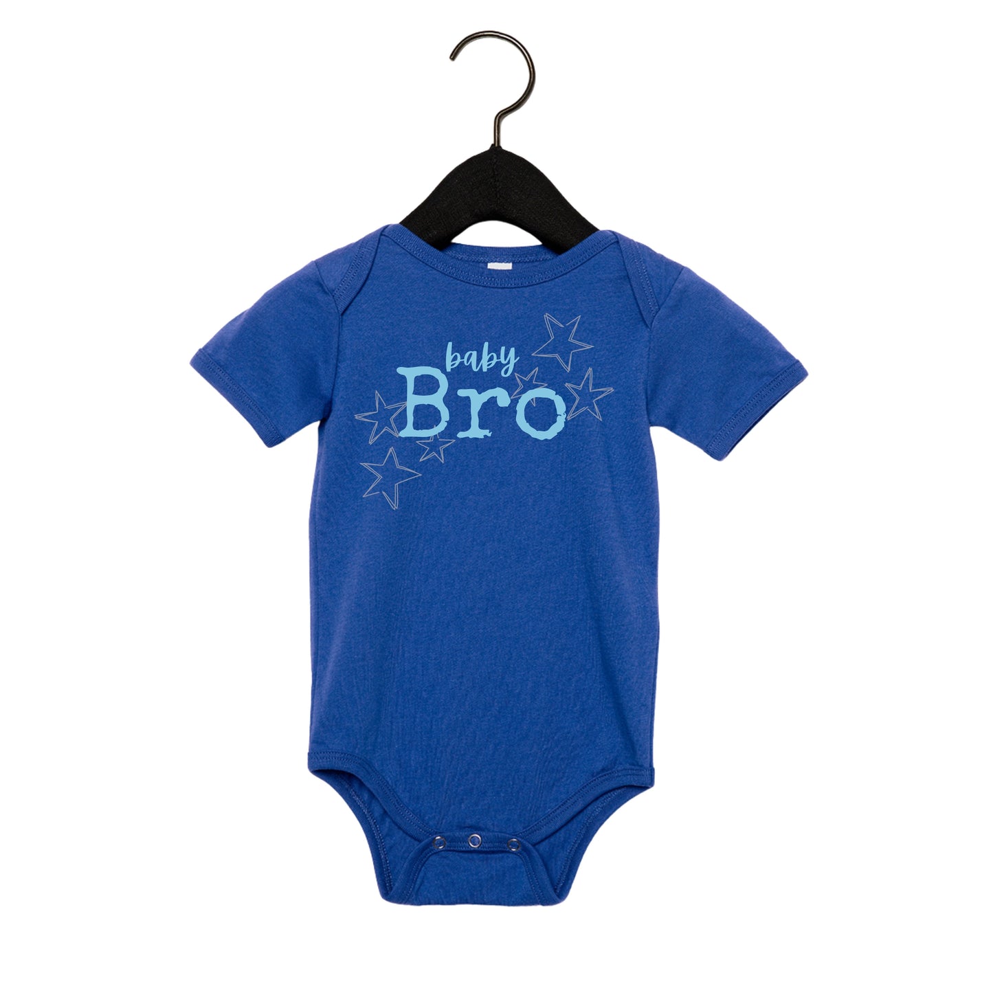 Blue baby onesie with 'baby Bro' text on a hanger against a white background