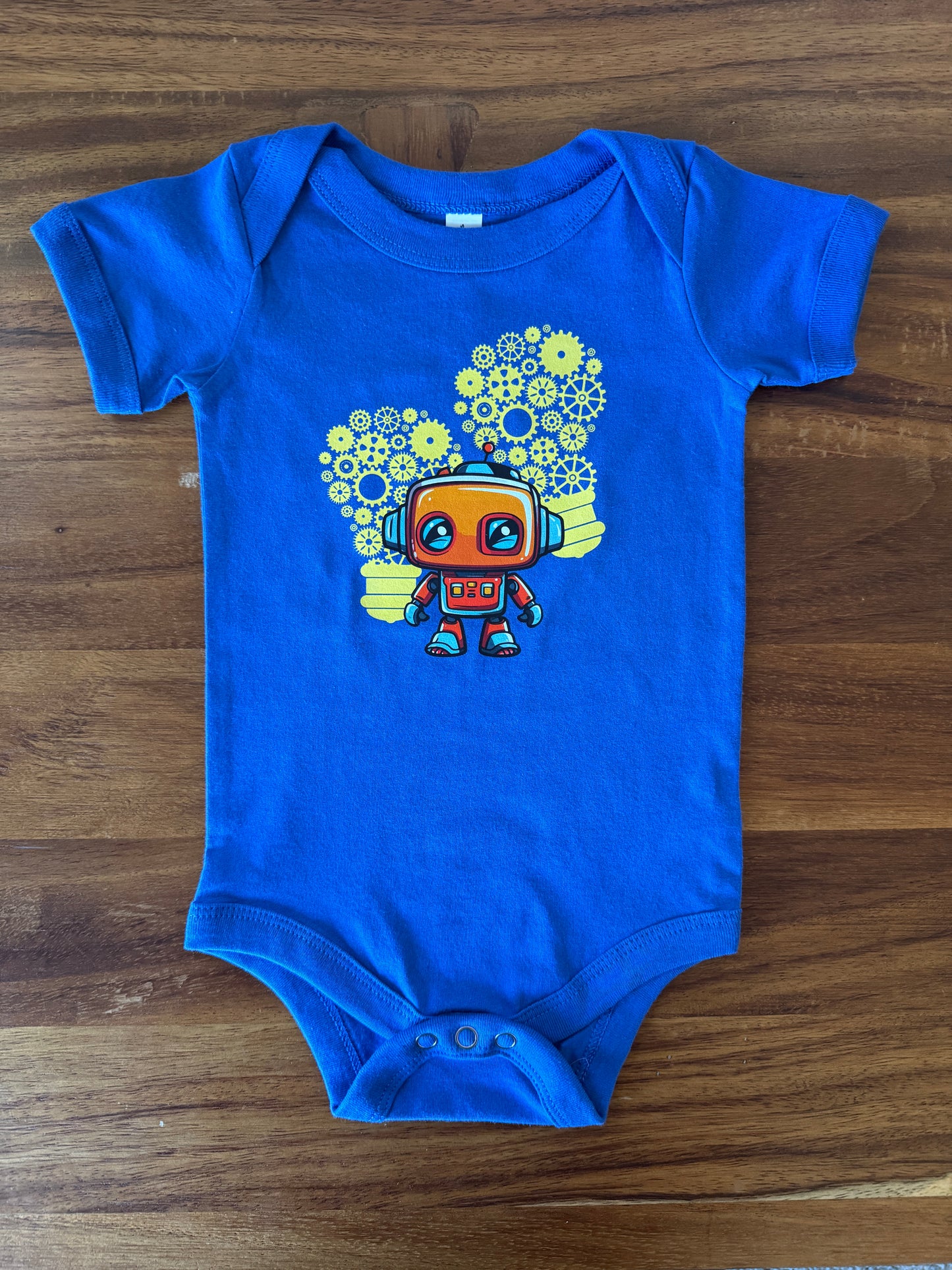 Baby Onesie Cute Robot with Gears | Royal Blue Infant Bodysuit | STEM Baby Shower Gift | Bot Squad Collection