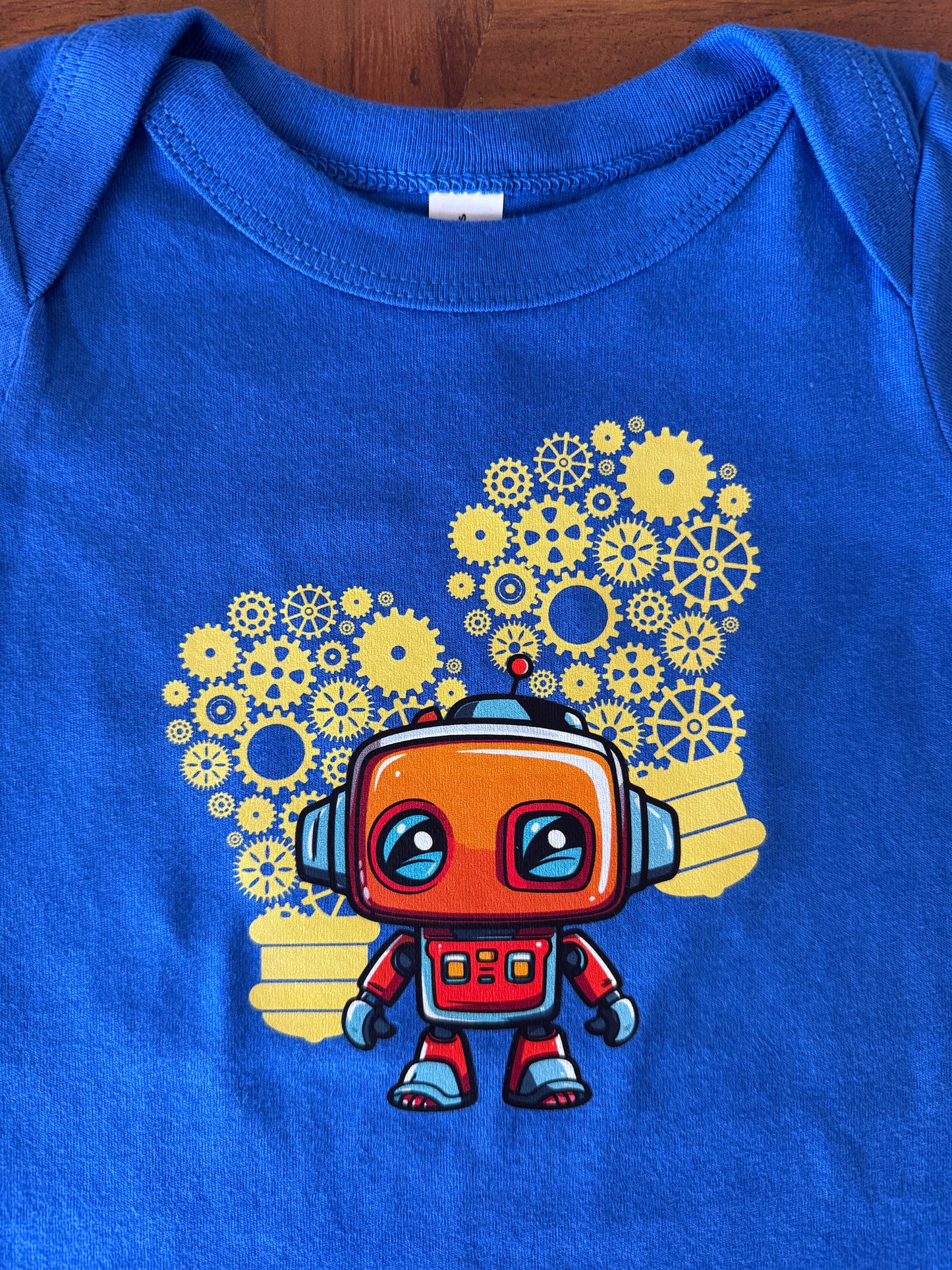 Baby Onesie Cute Robot with Gears | Royal Blue Infant Bodysuit | STEM Baby Shower Gift | Bot Squad Collection