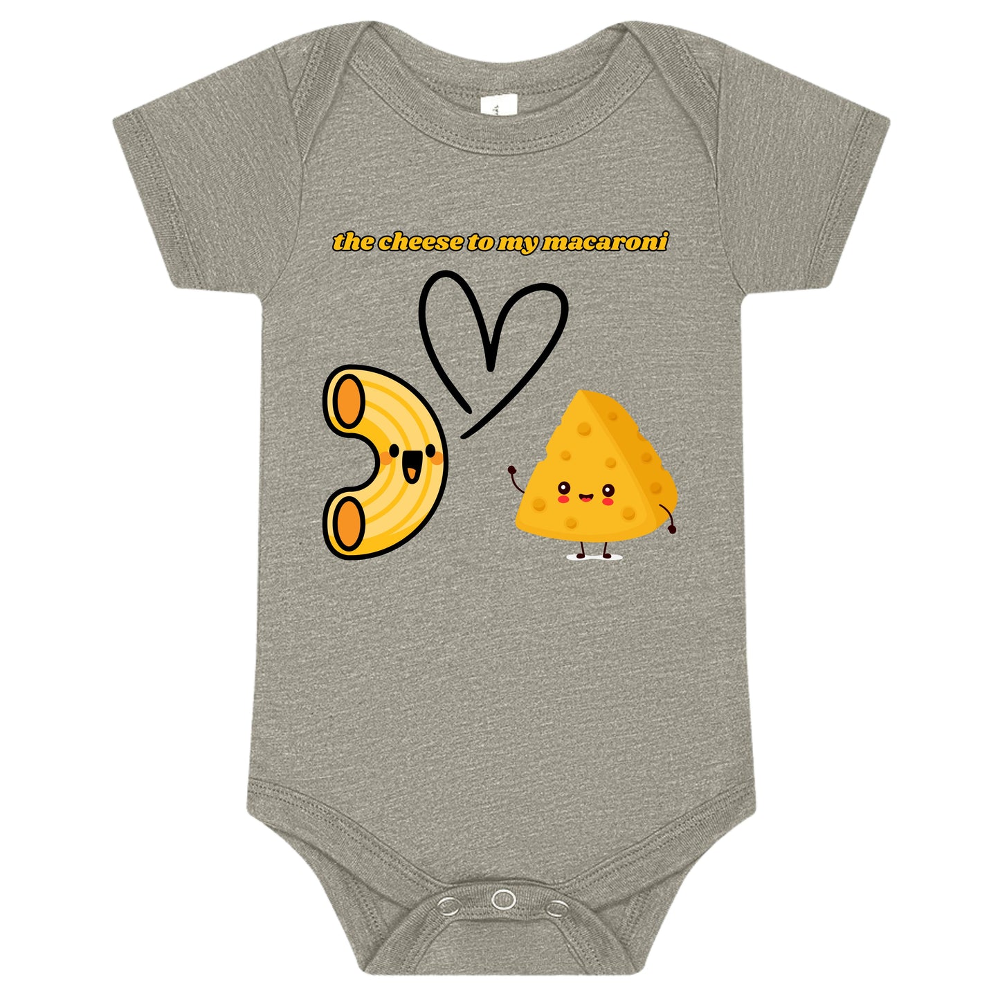 Gray baby onesie with cartoon macaroni and cheese design on a white background
