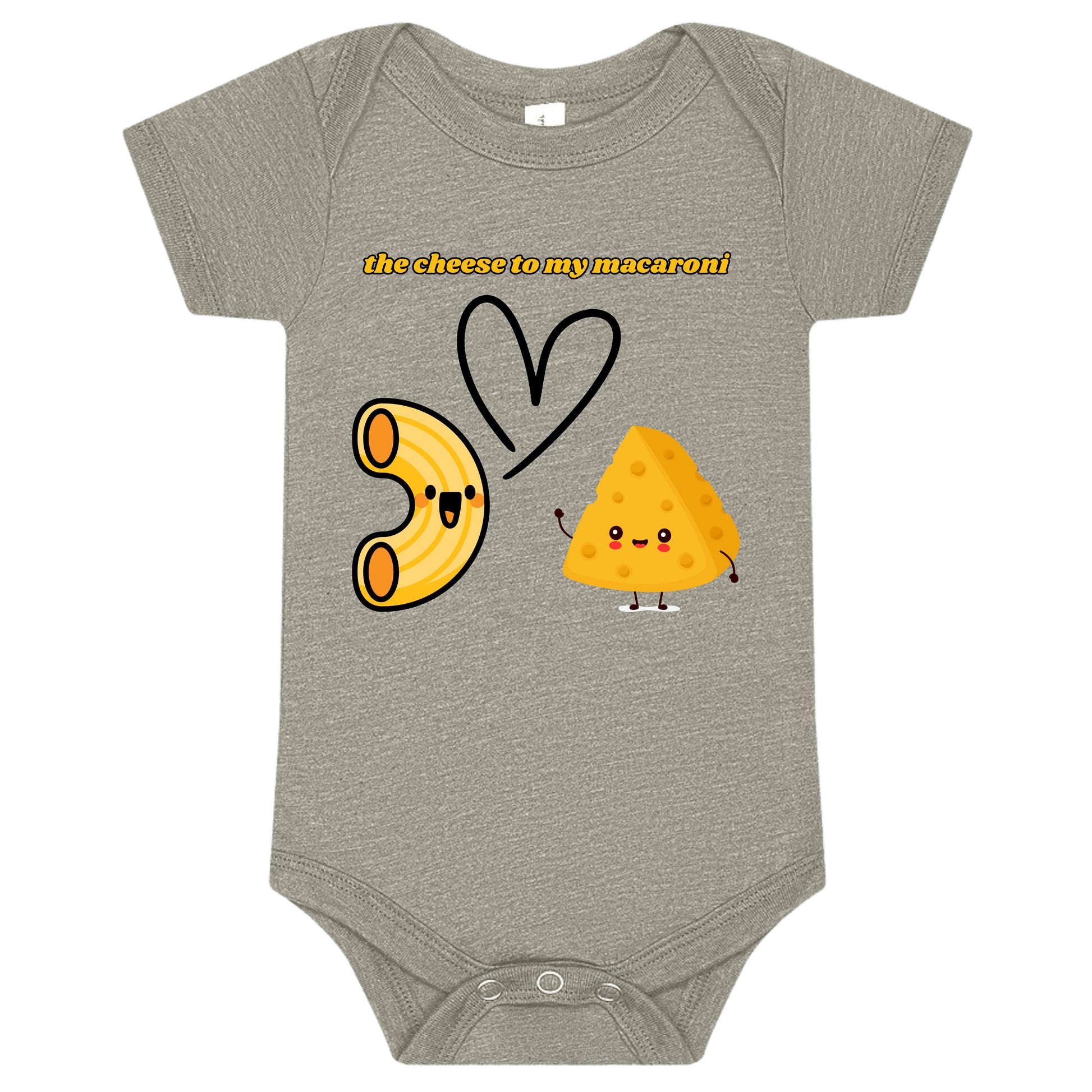Gray baby onesie with cartoon macaroni and cheese design on a white background