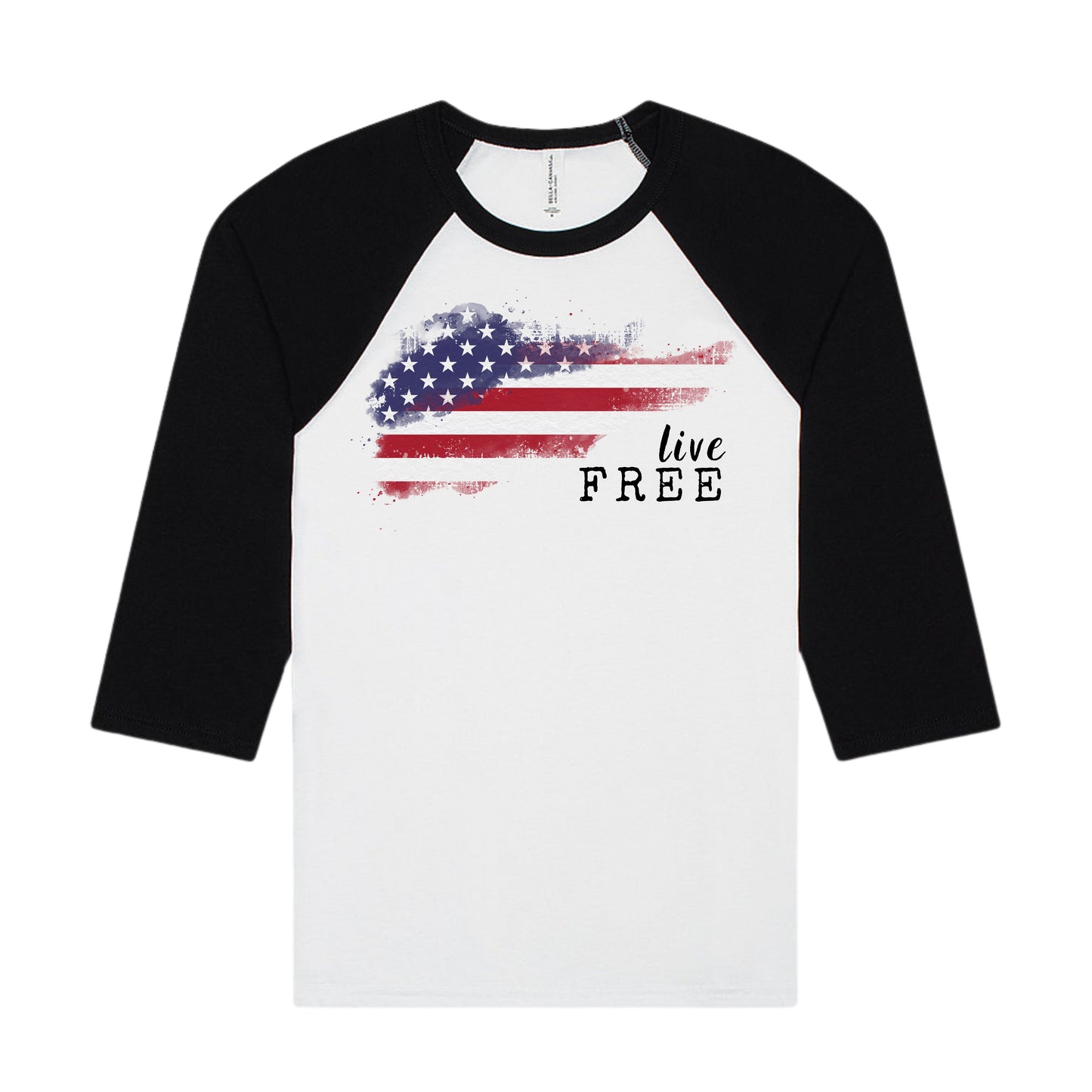 Baseball t-shirt with American flag and 'live FREE' text on a white background