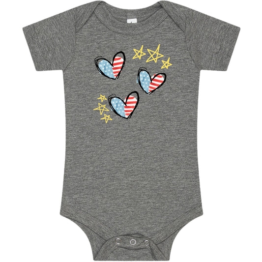 Gray baby onesie with American flag hearts and stars on a white background
