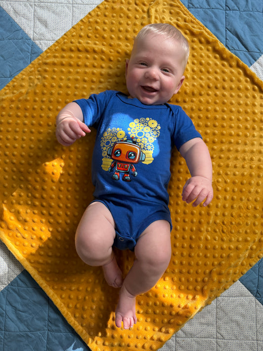 Baby Onesie Cute Robot with Gears | Royal Blue Infant Bodysuit | STEM Baby Shower Gift | Bot Squad Collection