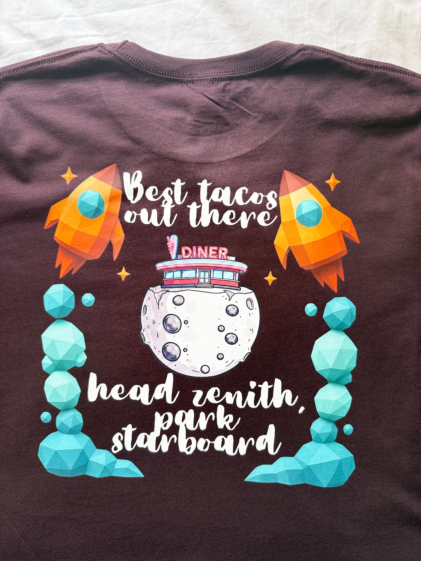 Adult Moon Diner Shirt "Best Tacos Out There" | Sailing Llamas Space Tee | Funny Astronomy Graphic Shirt | Oxblood Black Bella Canvas 3001