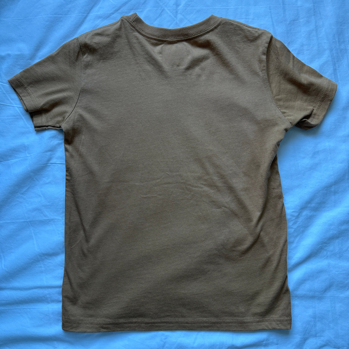 A plain short-sleeve crewneck t-shirt in a muted olive-brown color, laid flat on a bright blue fabric background.