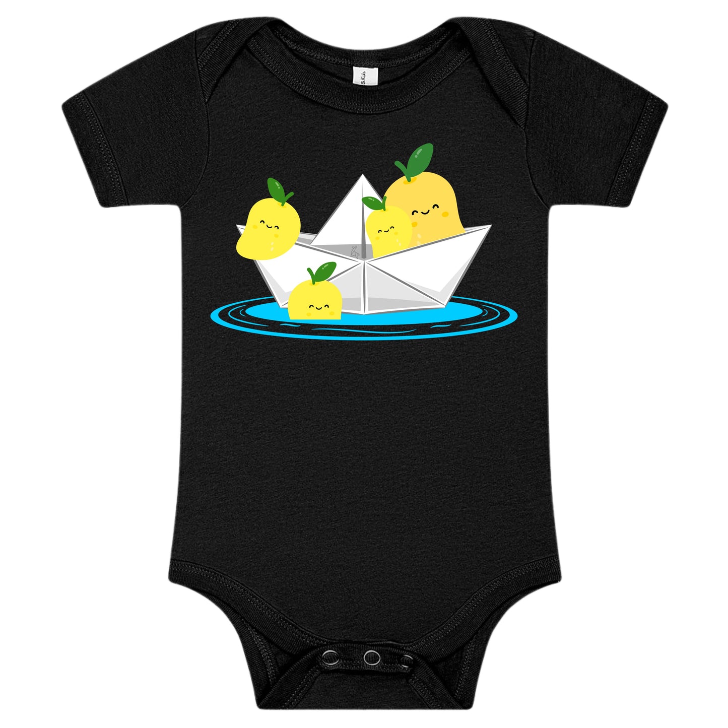 Black baby onesie with a lemon design on a white background