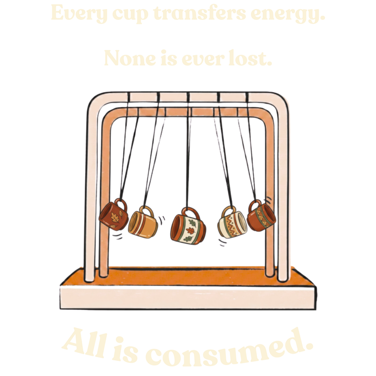 A stylized illustration of a Newton's cradle with five hanging mugs, centered on a light gray background, with pale yellow text above reading 'Every cup transfers energy. None is ever lost.