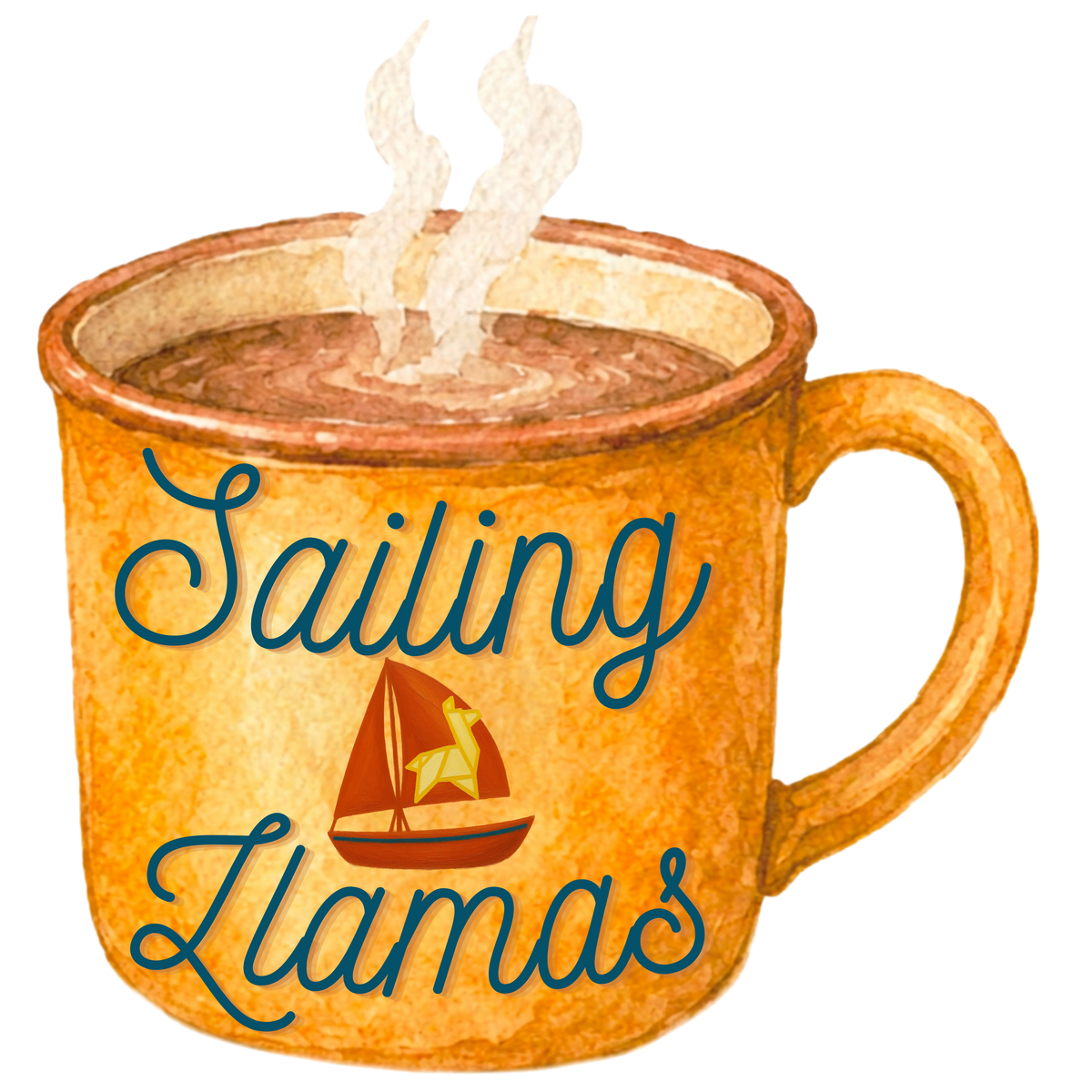 An illustrated orange mug filled with a hot beverage and steam, with the words 'Sailing Llamas' in blue script and a small sailboat graphic on the front, shown on a plain white background.