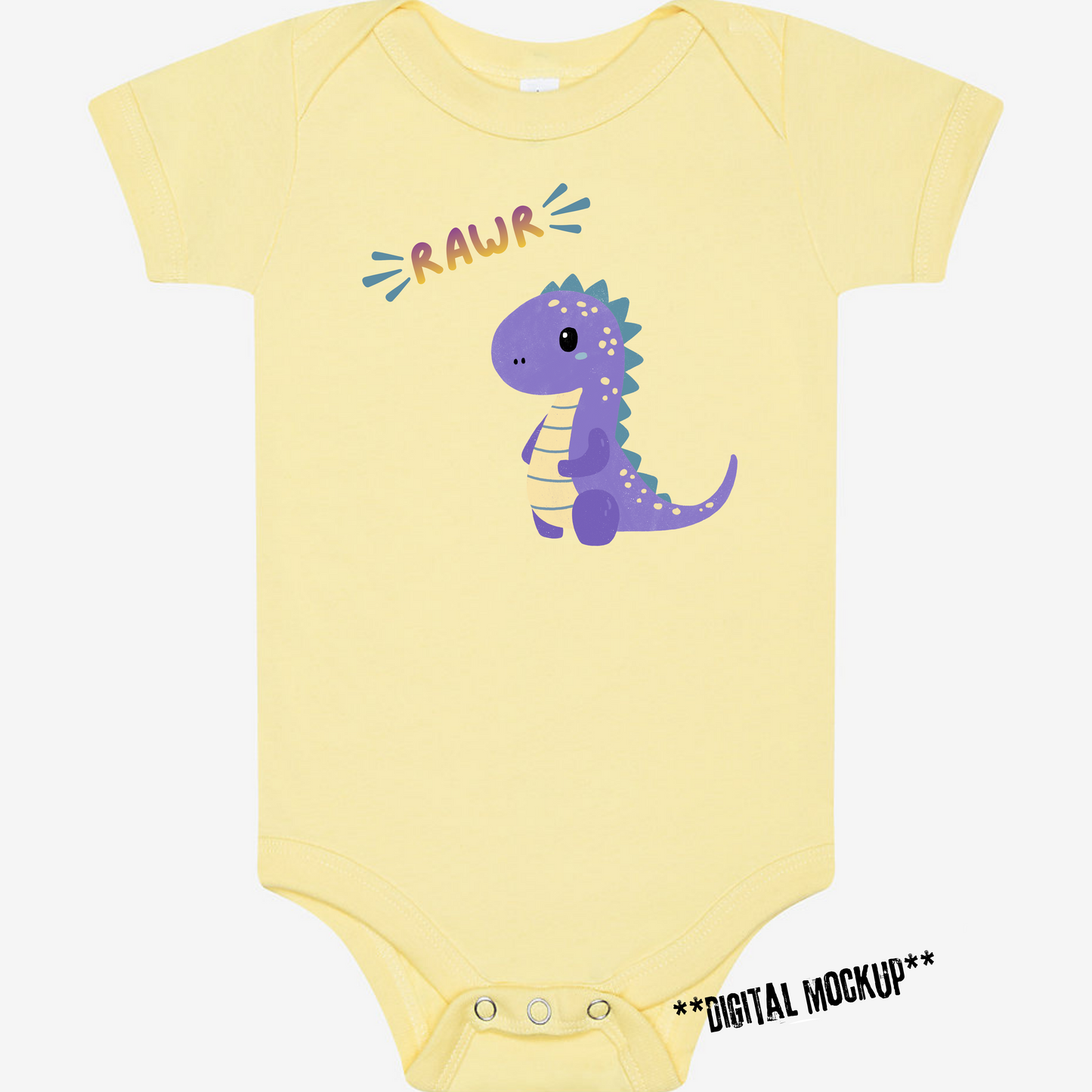 A pale yellow short-sleeve baby bodysuit with a purple cartoon dinosaur and the word 'RAWR' printed on the front, shown on a light gray background. Black text in the lower right corner reads '**DIGITAL MOCKUP** ADULT BACK ONLY'.