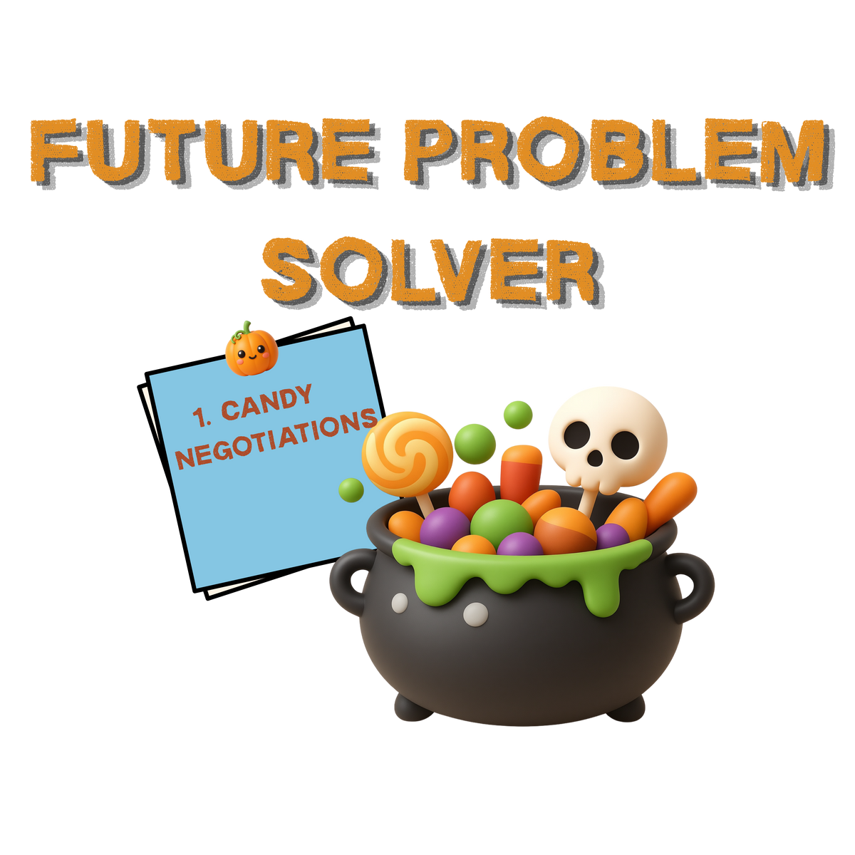 A digital graphic with the text 'FUTURE PROBLEM SOLVER' in large orange letters above a cartoon cauldron filled with colorful candies, a skull, and a blue note that reads '1. CANDY NEGOTIATIONS'.