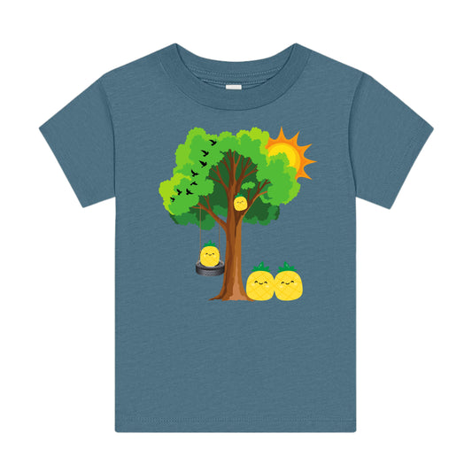 Blue t-shirt with a tree and sun design on a white background
