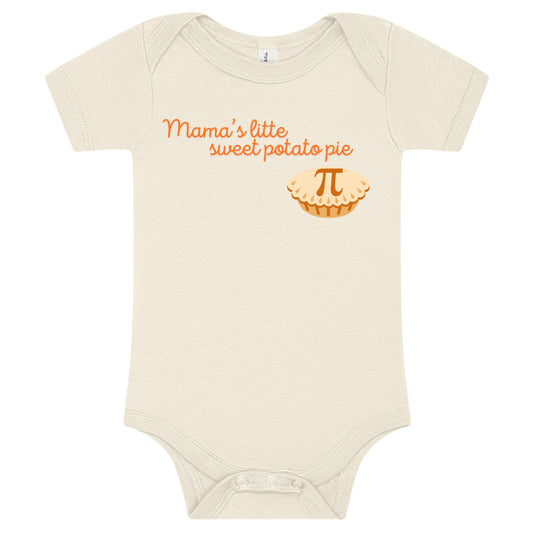 Beige baby onesie with 'Mama's lil' sweet potato pie' text and pie graphic on a white background