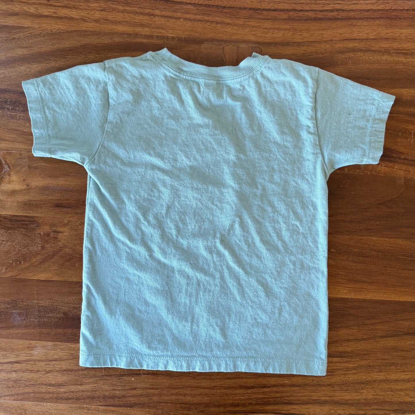 A light dusty blue short-sleeve t-shirt laid flat on a wooden table.