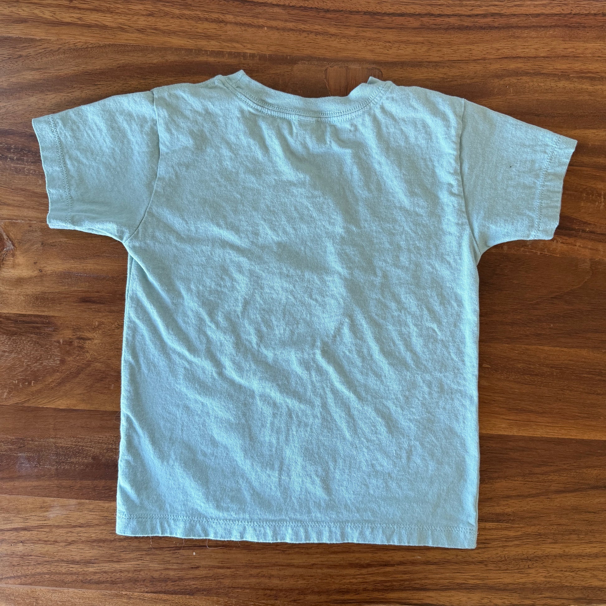 A light dusty blue short-sleeve t-shirt laid flat on a wooden table.