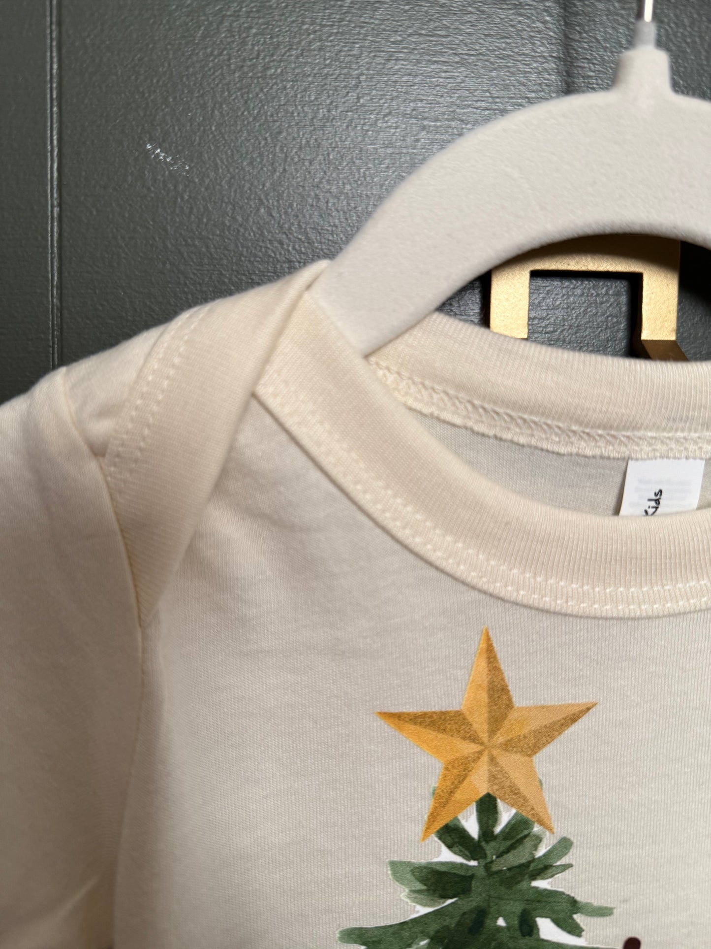 Close-up of a beige garment with a gold star and green leaf design, hanging against a dark background.