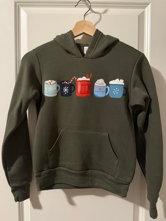 Dark gray hoodie with colorful graphic design on a light gray background