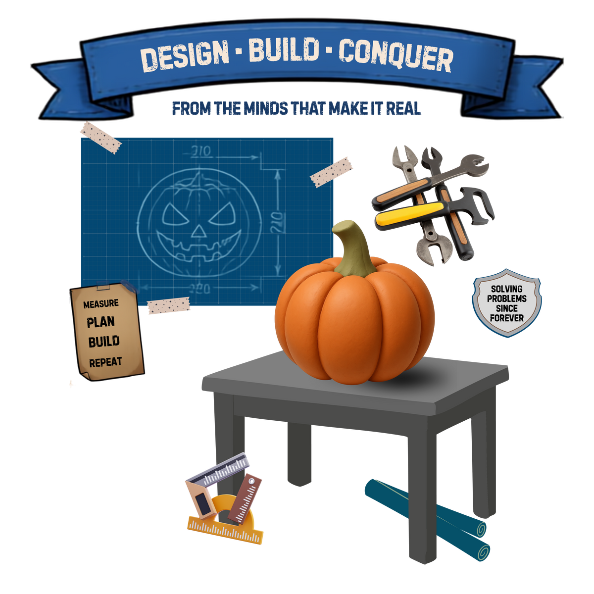 A digital graphic collage with a blue banner reading 'DESIGN • BUILD • CONQUER' and 'FROM THE MINDS THAT MAKE IT REAL' above a central orange pumpkin on a gray table, surrounded by construction-themed icons including a blueprint, wrenches, tape, a sign, books, and a badge.
