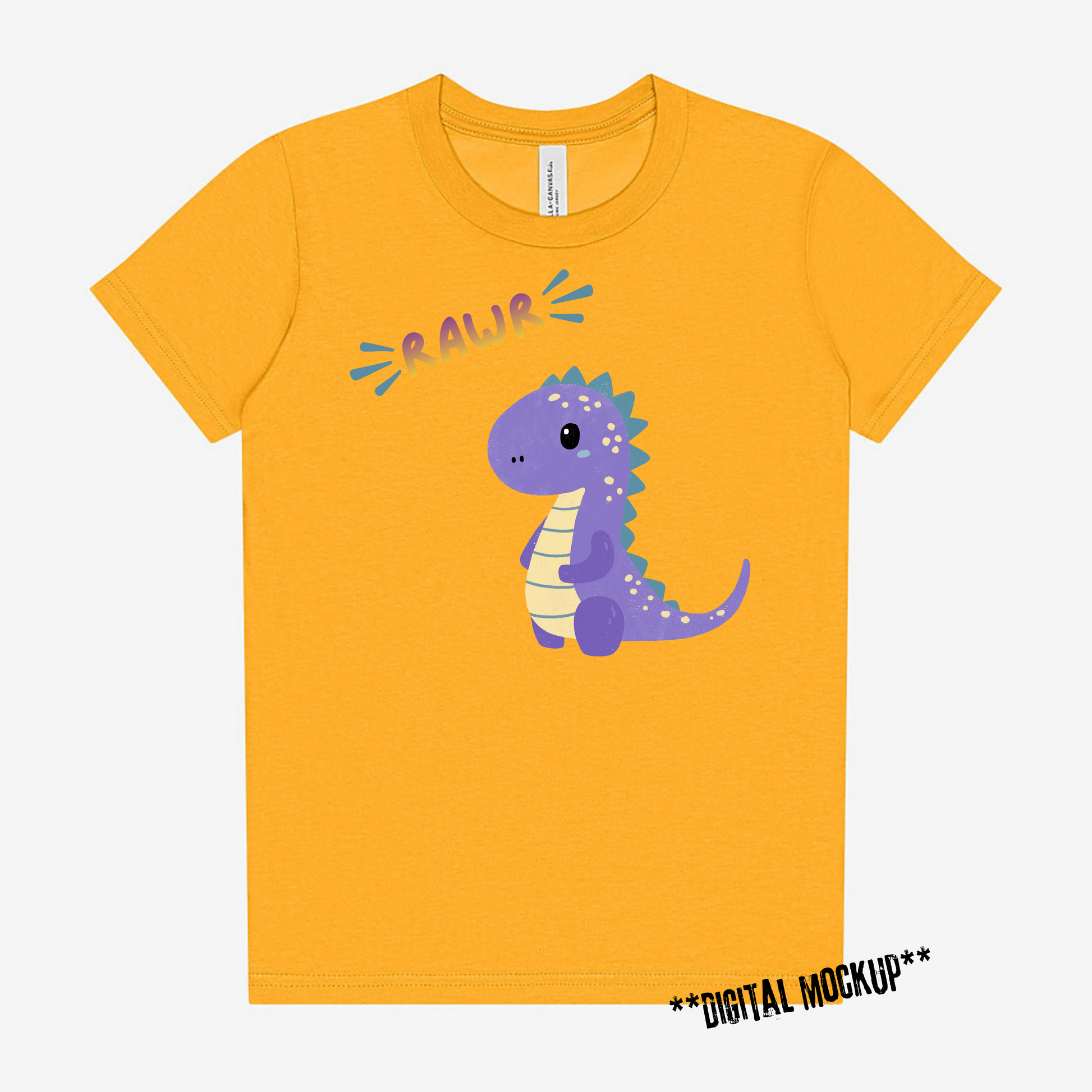 A bright yellow short-sleeve t-shirt with a cartoon purple dinosaur graphic on the front, accompanied by the text 'RALIR' in blue and yellow. The image is a digital mockup on a light gray background with a text overlay in the bottom right corner reading '**DIGITAL MOCKUP**'.