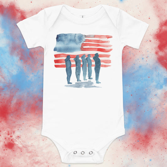 American Flag with Soldiers watercolor baby onesie bodysuit